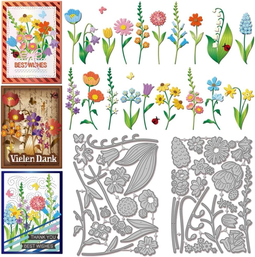 Globleland išpjovimo štampai su lauko gėlių motyvu kortelių gamybai, pavasario augalų lapų metalo išpjovimo štampai "pasidaryk pats" scrapbooking'ui, popieriaus išpjovimo štampai albumų dekoravimui