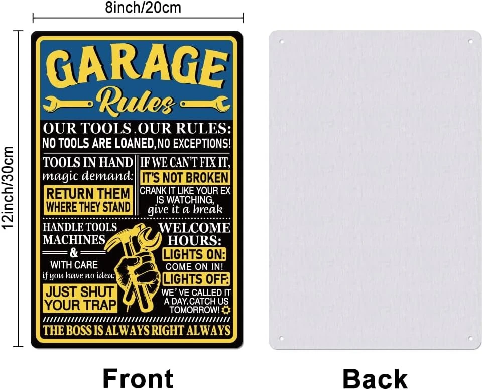 Globleland metalinis ženklas "garage Rules" metalinis ženklas garažui veržliarakčiai metalinis ženklas vintažinio stiliaus 30 x 20 cm juokinga sienų dekoracija metaliniai ženklai namų ūkio baro kavinės dekoravimui