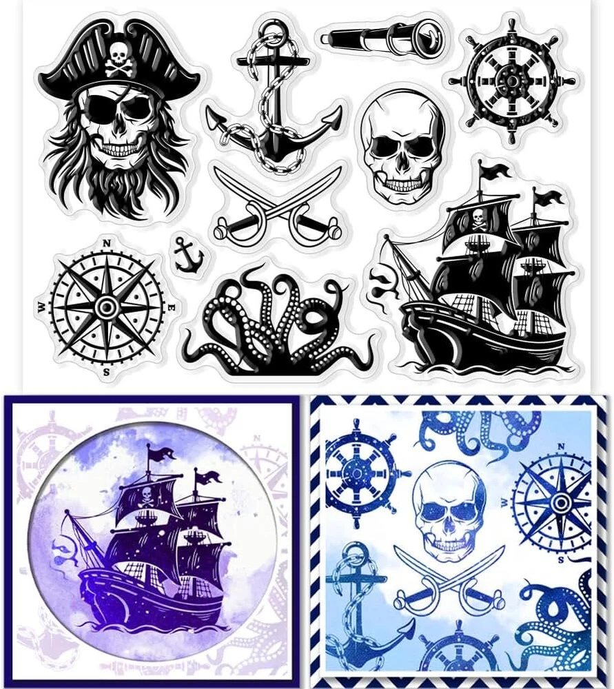 Globleland Skaidrūs antspaudai su piratų navigacija, piratų laivais, kapitonais, skeletais, silikoniniai, skaidrūs antspaudų ruoniai "pasidaryk pats", scrapbooking'ui, kortelėms, nuotraukų albumui, dienoraščiui, namų dekoravimui