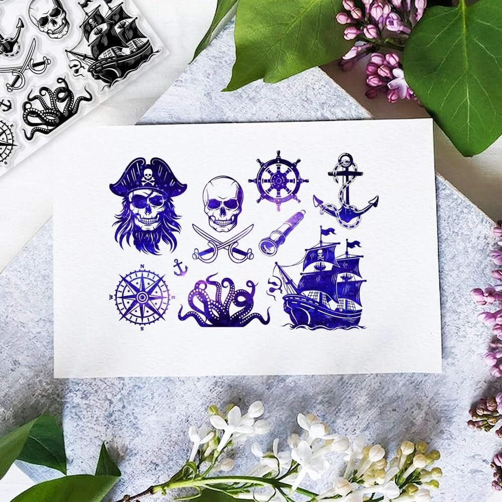 Globleland Skaidrūs antspaudai su piratų navigacija, piratų laivais, kapitonais, skeletais, silikoniniai, skaidrūs antspaudų ruoniai "pasidaryk pats", scrapbooking'ui, kortelėms, nuotraukų albumui, dienoraščiui, namų dekoravimui