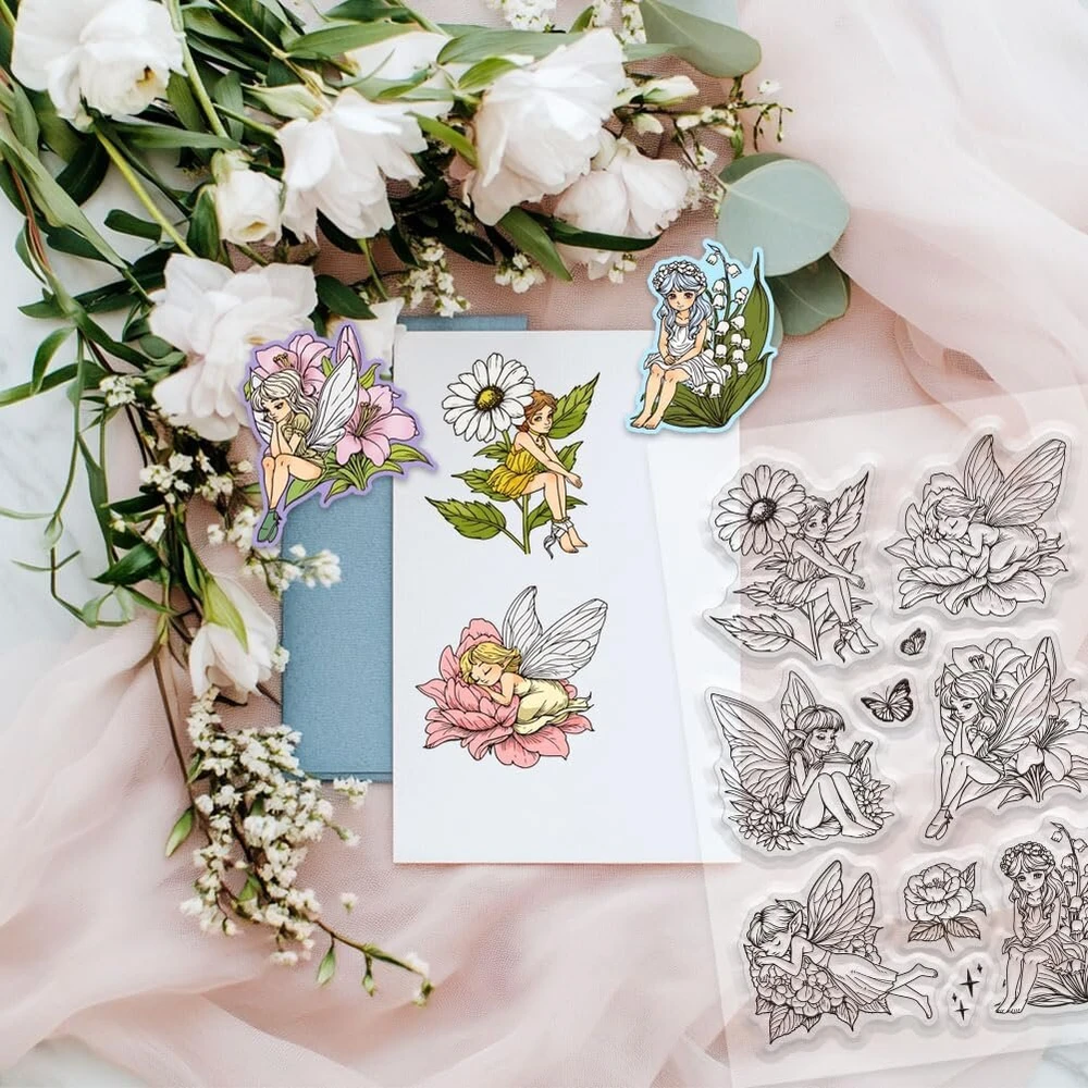 Globleland skaidrus antspaudas su drugelių fėja, skaidrus silikoninis antspaudas su gėlių fėja, skaidrus antspaudas su gėlių elfais "pasidaryk pats" scrapbooking'ui ir kortelių gamybai, dienoraščiui, 16 x 11 cm