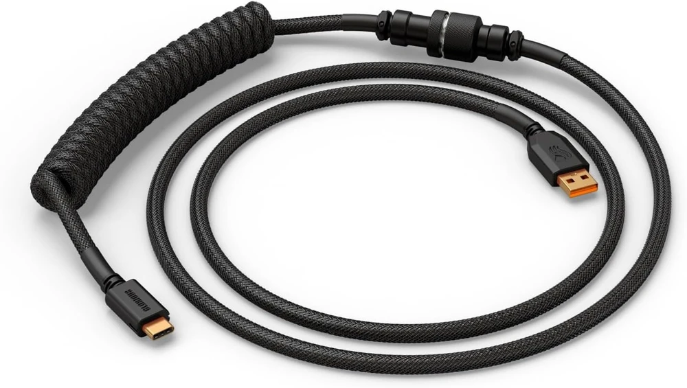 Glorious Gaming Premium spiralinis klaviatūros kabelis - paauksuotas Usb-a (pc) į Usb-c (klaviatūra), apsauga nuo susipainiojimo, dvigubo pynimo apvalkalas, 5 kontaktų aviacinis jungtis - Phantom Juodas