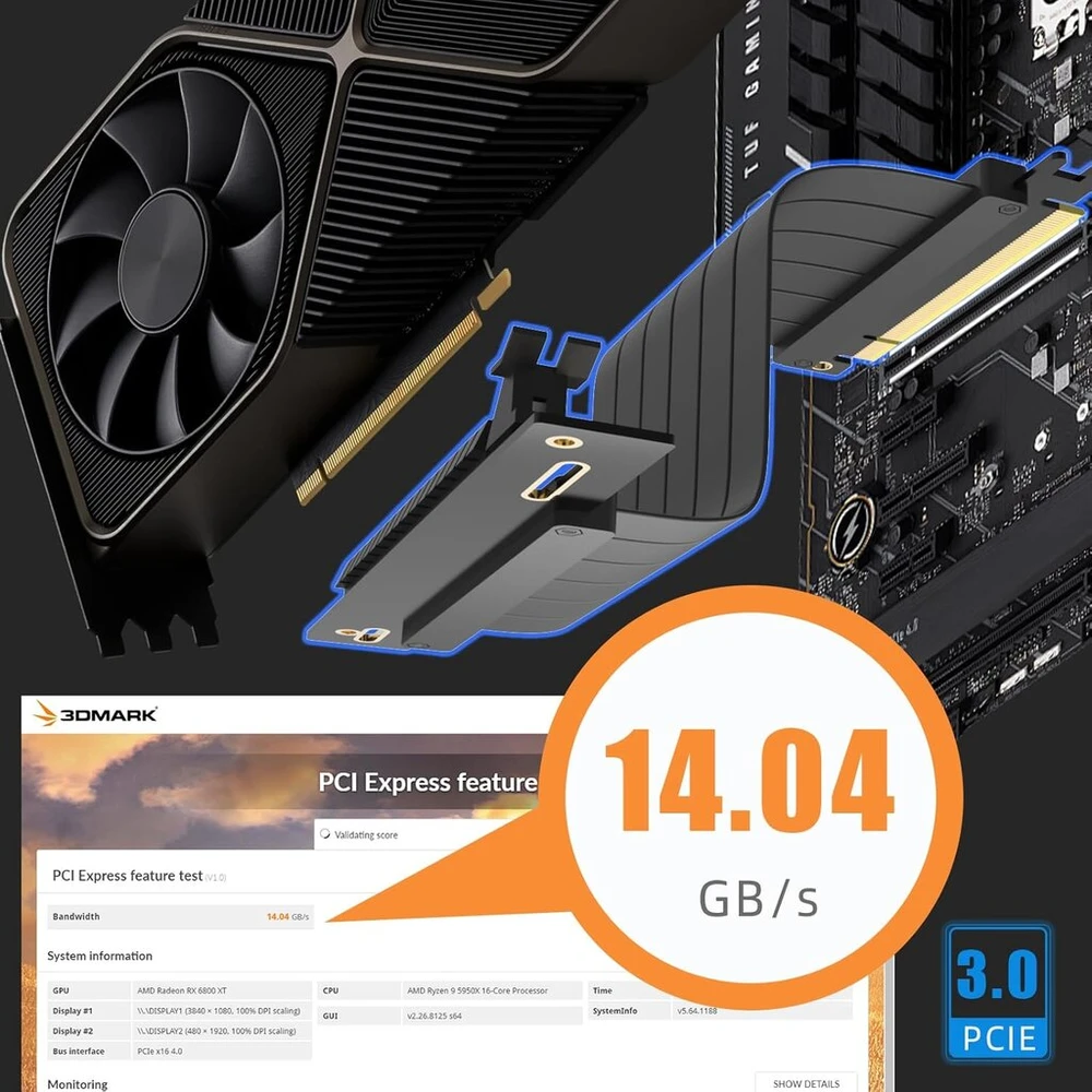 Glotrends 300 mm pcie 3.0 x16 riser kabelis (0->90 laipsnių), suderinamas su nvidia-rtx 2000/gtx1600 serija, amd-rx6000/5000/500/400/vega serija ir kt.