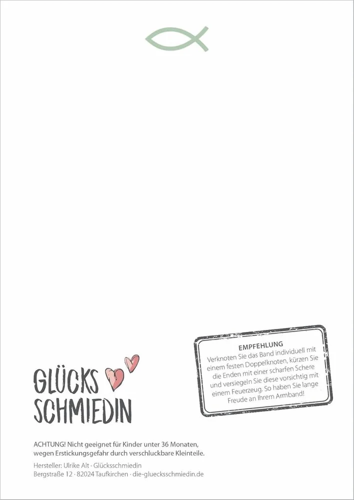 Glücksschmiedin - krikščioniška kortelė su palaiminimo žodžiais ir apyrankė juodos spalvos su sidabriniu žuvies pakabuku, rankų darbo Vokietijoje