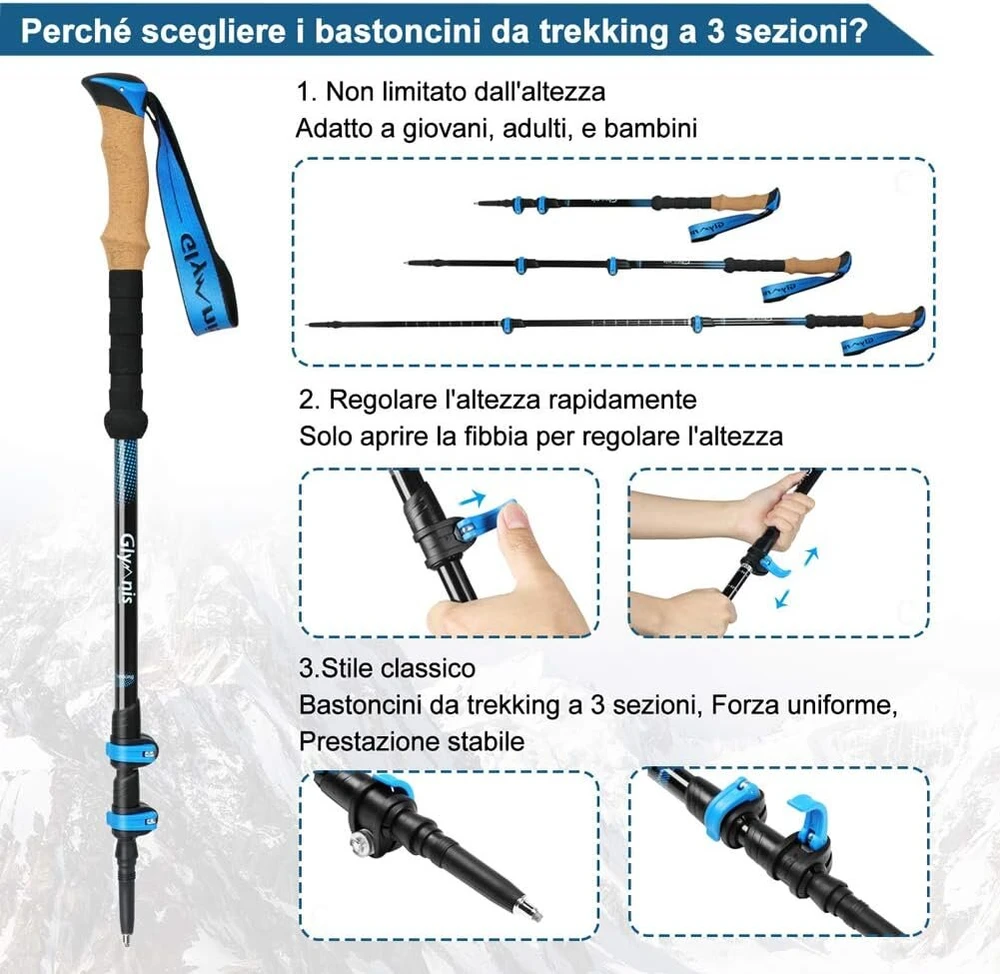 Glymnis žygio lazdos, 7075 aliuminio, 32 cm sulankstomos trekingo lazdos moterims ir vyrams, ypač lengvos žygio lazdos, reguliuojamos 110 cm - 130 cm, užsukamas užraktas su 4 poromis guminių buferių