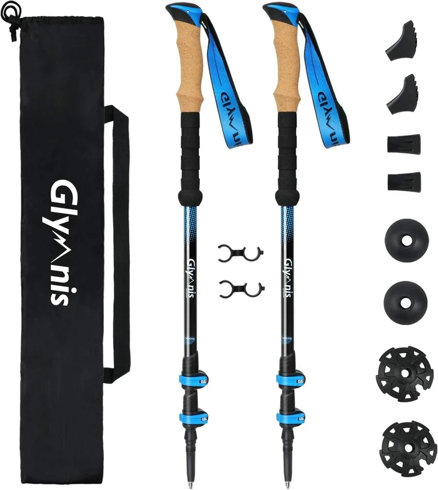 Glymnis žygio lazdos, 7075 aliuminio, 32 cm sulankstomos trekingo lazdos moterims ir vyrams, ypač lengvos žygio lazdos, reguliuojamos 110 cm - 130 cm, užsukamas užraktas su 4 poromis guminių buferių