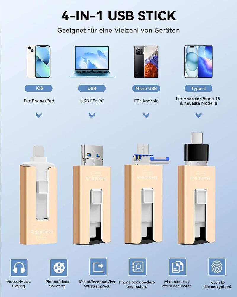 Gnaseet Usb atmintinė 256 Gb telefonui, 4 viename Usb atmintinė telefonui/planšetei/android mobiliajam Telefonui/pc, didelės spartos Usb 3.0 atmintinė, telefono išorinės atminties plėtimo nuotraukų atmintinė, auksinė