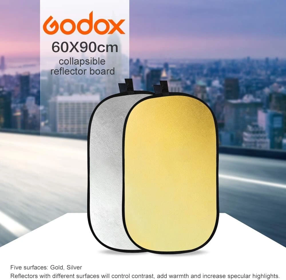 Godox 24 x 35 colių, 60 x 90 cm, 2-in-1 sulankstomas nešiojamas diskinis šviesos atšvaitas su krepšiu studijai ir fotografijai - auksinis, sidabrinis (sm-rft01-60x90)