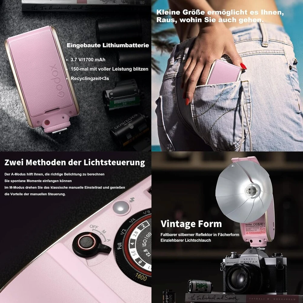 Godox Colour Lux Senior retro blykstė fotoaparatui, Gn14 1700 Mah 6000 K ± 200 K Cct, Speedlite blykstė fotoaparatui, automatiniai/rankiniai režimai, sulankstomas atšvaitas, maitinamas baterijomis