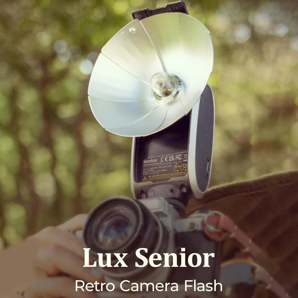 Godox Lux Senior retro blykstė fotoaparatui gn14, spalvos temperatūra 6000k, automatiniai ir rankiniai blykstės režimai, 1/1–1/64 blykstės galia, 28 mm židinio nuotolis, skirta canon nikon sony fujifilm olympus hot shoe fotoaparatams