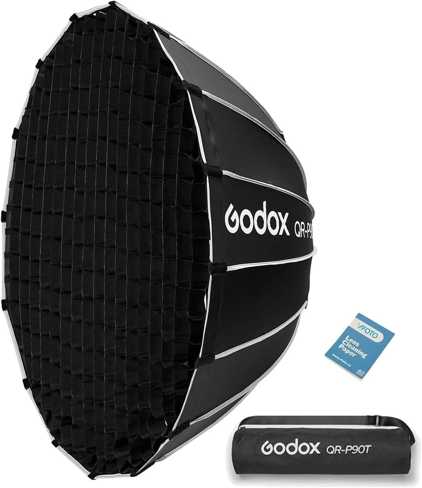 Godox Qr-90t 90 cm parabolinis greito atleidimo softbox tinklelis, gylis 42.7 cm, skirtas Godox Sl60 Sl300ii Vl150 Vl300 Ul150 ir studijos video šviestuvams