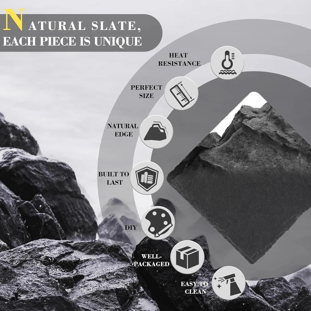 Goh Dodd Gėrimų padėkliukai Us Slate su metaliniu laikikliu, 10 cm, 8 vnt., juodo akmens padėkliukai, dekoravimui namams, biurui, virtuvei, butui, barui, kvadratiniai