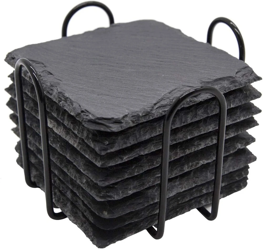 Goh Dodd Gėrimų padėkliukai Us Slate su metaliniu laikikliu, 10 cm, 8 vnt., juodo akmens padėkliukai, dekoravimui namams, biurui, virtuvei, butui, barui, kvadratiniai