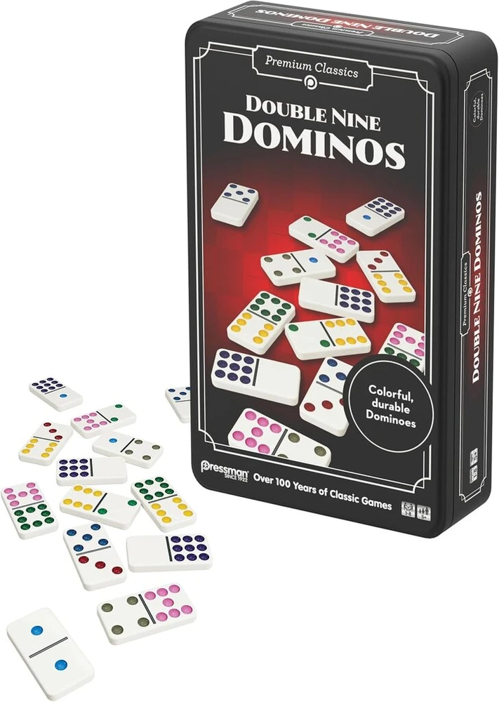 Goliath Double 9 Dominos – klasikinis šeimos stalo žaidimas vaikams nuo 5 metų – 55 sunumeruoti domino kauliukai 1–8 žaidėjams – metalinė kelioninė dėžutė domino žaidimas