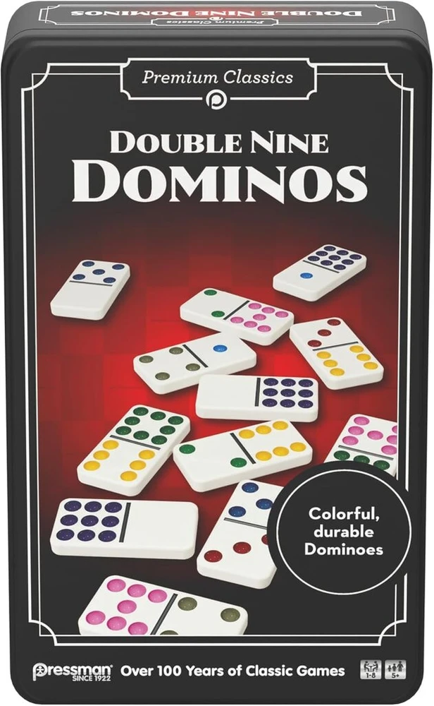 Goliath Double 9 Dominos – klasikinis šeimos stalo žaidimas vaikams nuo 5 metų – 55 sunumeruoti domino kauliukai 1–8 žaidėjams – metalinė kelioninė dėžutė domino žaidimas