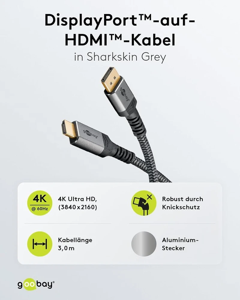 Goobay 65270 displayport 1.2 į hdmi 2.0 / iki 4k @ 50/60 hz raiškos / 18 gbps duomenų perdavimo sparta / kryptinė kabelio jungtis / paauksuotos jungtys apsaugo nuo korozijos / pilka / 3 m