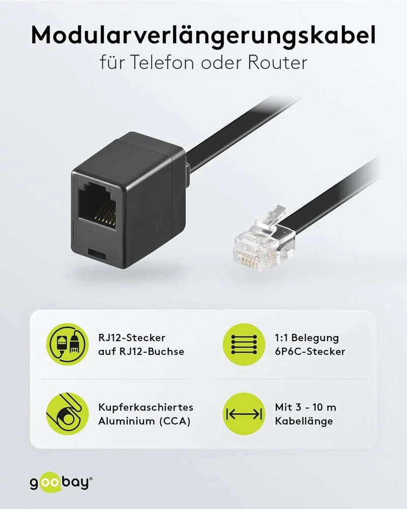 Goobay 68263 modulinis prailginimo laidas plokščias 3 m / Rj12 kištukas į Rj12 lizdą / telefono laidas 3 m ilginimui / Cca Rj12 laidas su Western kištuku telefono jungties laidas 3 m