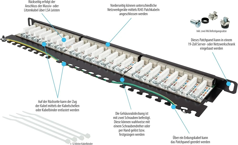 Good Connections® Patch panelis / Patch panelis - 19" - montuojamas serveryje/stovas - cat. 6a, 500 Mhz - 10-gigabit palaikymas - 24 prievadai - 0.5 U - Stp ekranuotas - atidaromas be įrankių - juodas (ral9005)