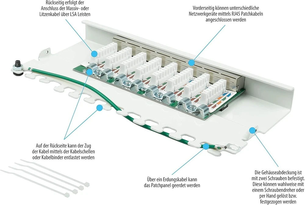 Good Connections patch panelis - stalinis - cat 6, 250 mhz - gigabit palaikymas - 8 prievadai - 0.5 u - stp ekranuotas - atidaromas be įrankių - grynai baltas (ral9010)