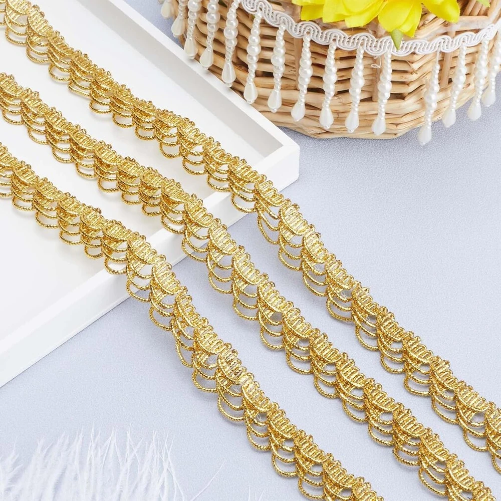 Gorgecraft 5 jardų aukso metalo nėrinių apdaila 22 mm pločio banguota pynimo gimp juostelės apdaila dekoruota lenkta krašto siuvimo amato nėrinių drabužių priedai vestuvinių drabužių dekoro puokštei