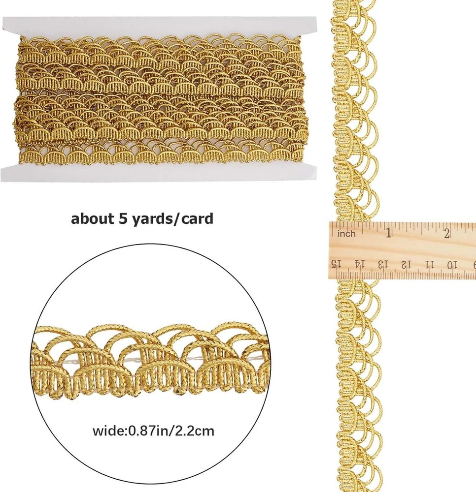 Gorgecraft 5 jardų aukso metalo nėrinių apdaila 22 mm pločio banguota pynimo gimp juostelės apdaila dekoruota lenkta krašto siuvimo amato nėrinių drabužių priedai vestuvinių drabužių dekoro puokštei