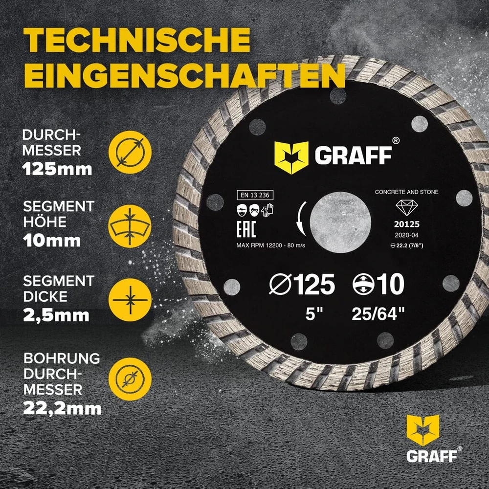 Graff Deimantinis diskas 125 mm skirtas akmeniui, betonui, plytelėms, natūraliam akmeniui - turbo deimantinis pjovimo diskas kampiniam šlifuokliui ir flex - segmento aukštis 10 mm