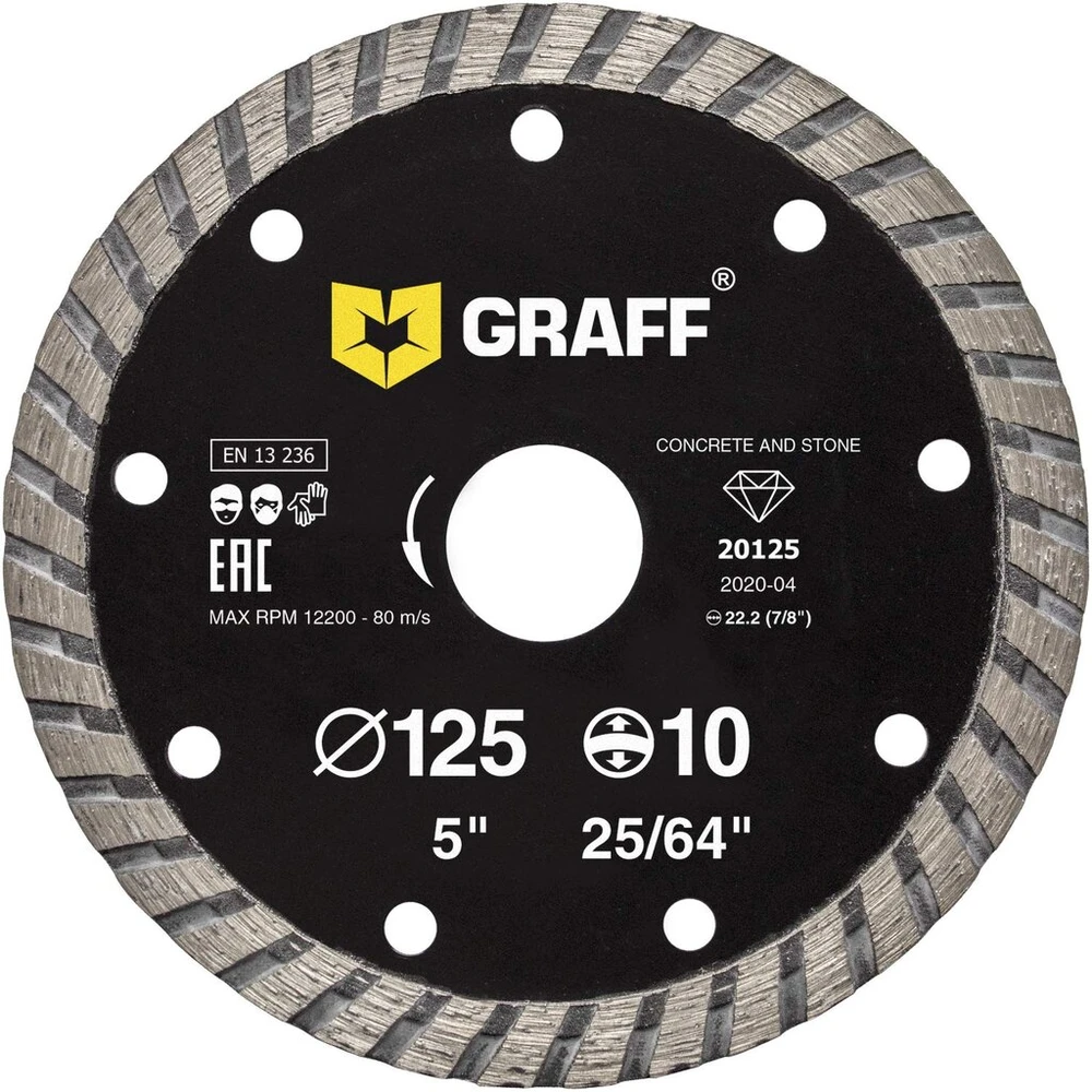 Graff Deimantinis diskas 125 mm skirtas akmeniui, betonui, plytelėms, natūraliam akmeniui - turbo deimantinis pjovimo diskas kampiniam šlifuokliui ir flex - segmento aukštis 10 mm
