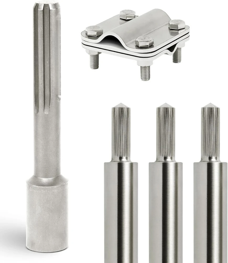 Graft deep earth rinkinys iš v4a nerūdijančio plieno | 3 x 1 m įžeminimo strypai | 20 mm skersmens | su sds-max įkalimo antgaliu ir jungties spaustuku | apsauga nuo žaibo fotovoltinei sistemai | įžeminimas | namo įžeminimas