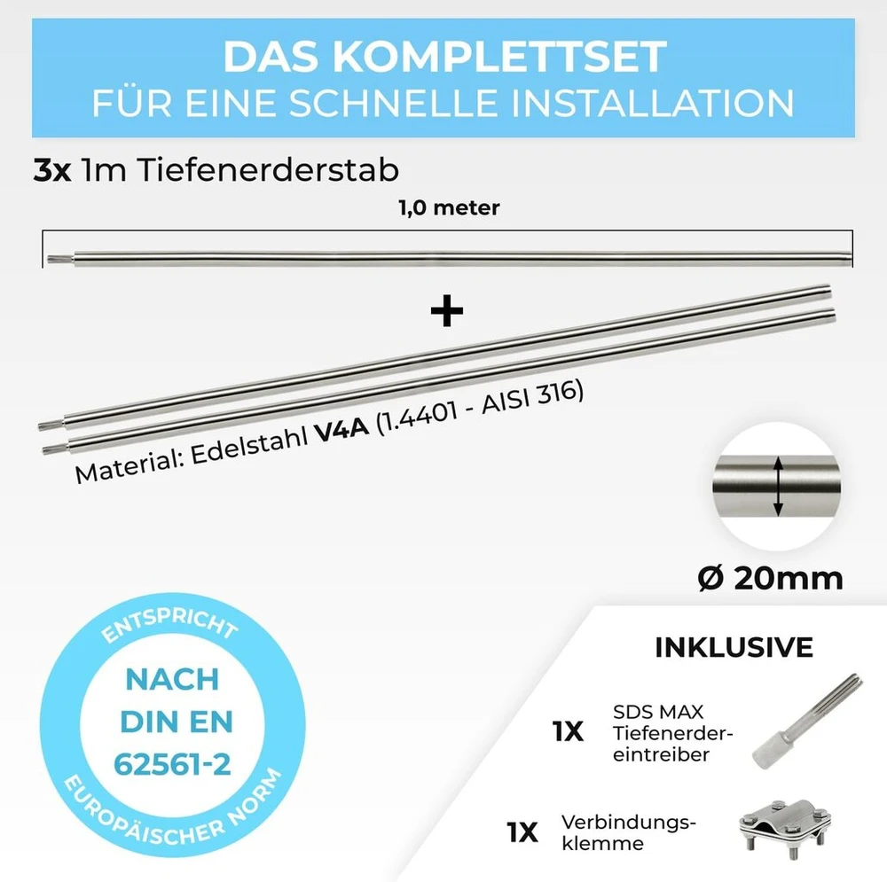 Graft deep earth rinkinys iš v4a nerūdijančio plieno | 3 x 1 m įžeminimo strypai | 20 mm skersmens | su sds-max įkalimo antgaliu ir jungties spaustuku | apsauga nuo žaibo fotovoltinei sistemai | įžeminimas | namo įžeminimas