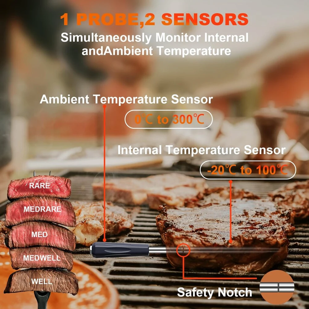 Gram Pres belaidis mėsos termometras, skaitmeninis maisto gaminimo termometras su belaidžiu zondu ir 150 m atstumu, maisto termometras, Ios ir Android programėlė, iš anksto užprogramuotos temperatūros Bbq, orkaitei