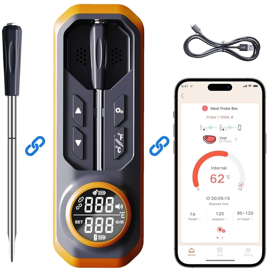 Gram Pres belaidis mėsos termometras, skaitmeninis maisto gaminimo termometras su belaidžiu zondu ir 150 m atstumu, maisto termometras, Ios ir Android programėlė, iš anksto užprogramuotos temperatūros Bbq, orkaitei