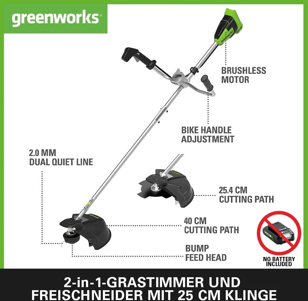 Greenworks Gd40bcb 40 V akumuliatorinis krūmapjovis su bešepetėliniu varikliu, diržais, motociklo rankena, 40 cm pjovimo pločiu, 2 mm nailoniniais siūlais arba 25 cm ašmenimis, be 40 V akumuliatoriaus ir įkroviklio