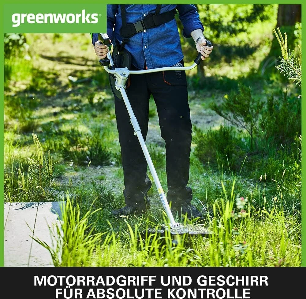 Greenworks Gd40bcb 40 V akumuliatorinis krūmapjovis su bešepetėliniu varikliu, diržais, motociklo rankena, 40 cm pjovimo pločiu, 2 mm nailoniniais siūlais arba 25 cm ašmenimis, be 40 V akumuliatoriaus ir įkroviklio