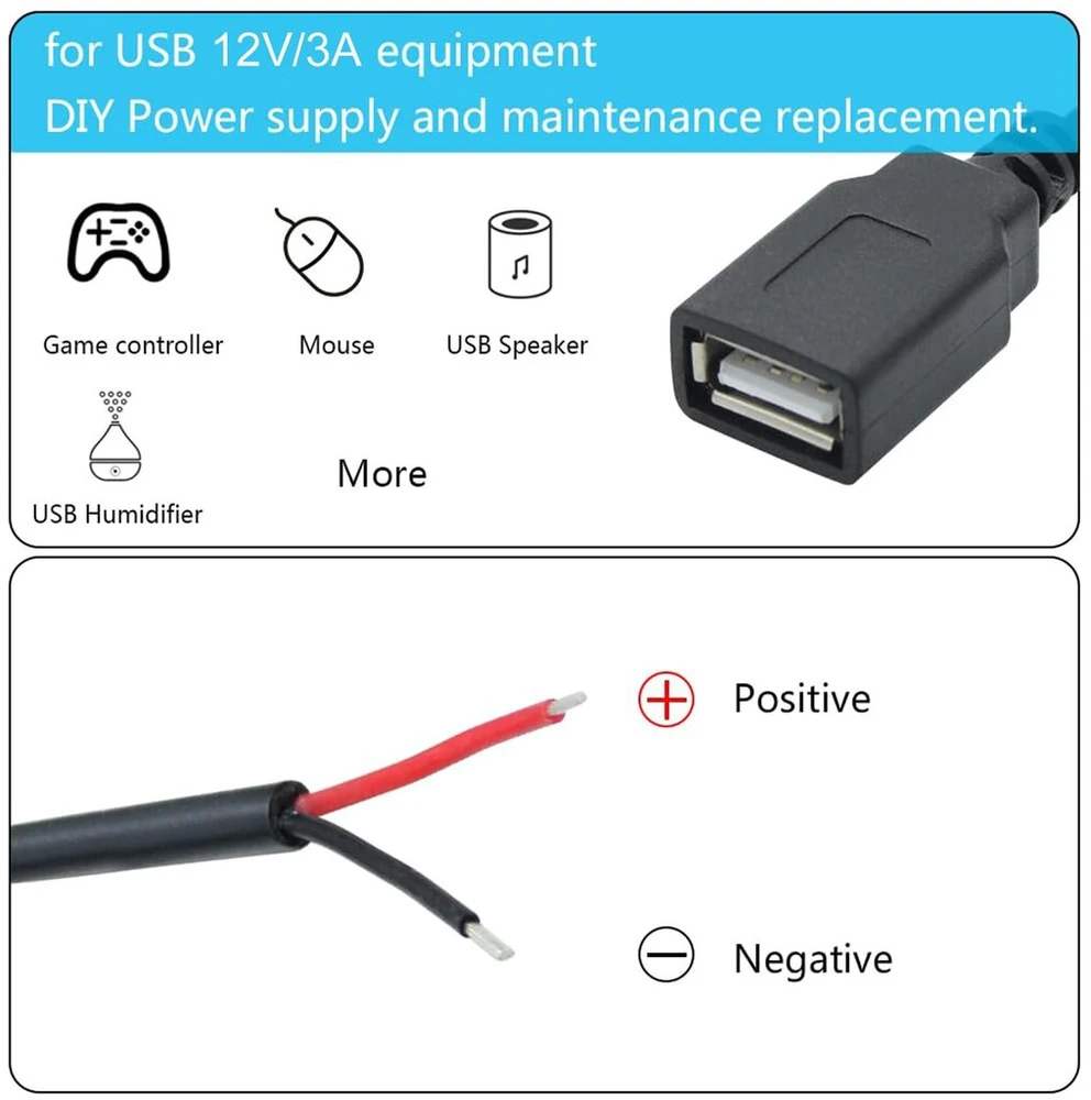 Greluma 6 vnt. Usb 2.0 moteriškas 2 kontaktų plikas laidas 30 cm Usb A 12v/3a moteriškas pigtail maitinimo kabelis su atviru galu