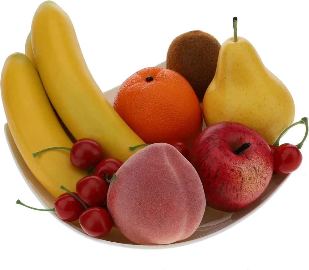 Gresorth dirbtiniai kriaušė, obuolys, bananas, persikas, kivis, apelsinas, vyšnios, kekės dekoracija, netikras vaisius, tikroviškas maistas, virtuvės žaislas