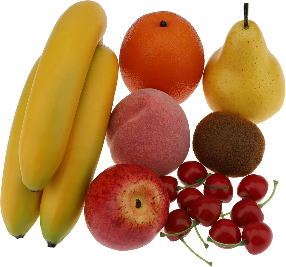 Gresorth dirbtiniai kriaušė, obuolys, bananas, persikas, kivis, apelsinas, vyšnios, kekės dekoracija, netikras vaisius, tikroviškas maistas, virtuvės žaislas