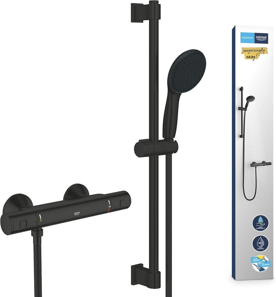 Grohe Precision Start 345972431 termostatinis dušo komplektas, taupantis vandenį ~ 9 l/min (1 srovės tipas, apsauginis užraktas ties 38°c, 60 cm dušo strypas, 175 cm dušo žarna), apvalus, chromas