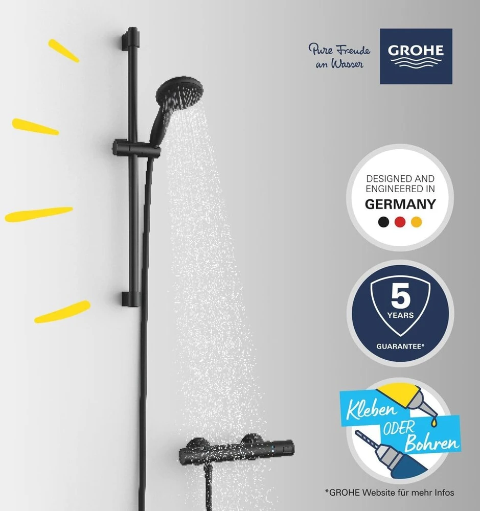Grohe Precision Start 345972431 termostatinis dušo komplektas, taupantis vandenį ~ 9 l/min (1 srovės tipas, apsauginis užraktas ties 38°c, 60 cm dušo strypas, 175 cm dušo žarna), apvalus, chromas