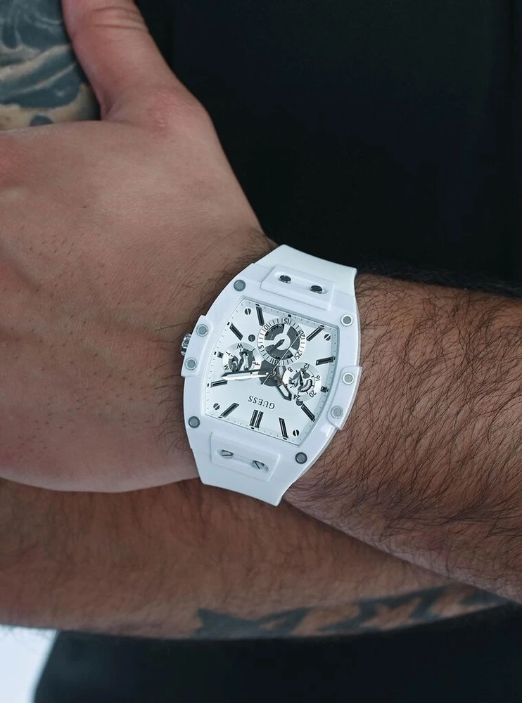 Guess vyriškas madingas laisvalaikio tonneau deimantinis 43 mm laikrodis
