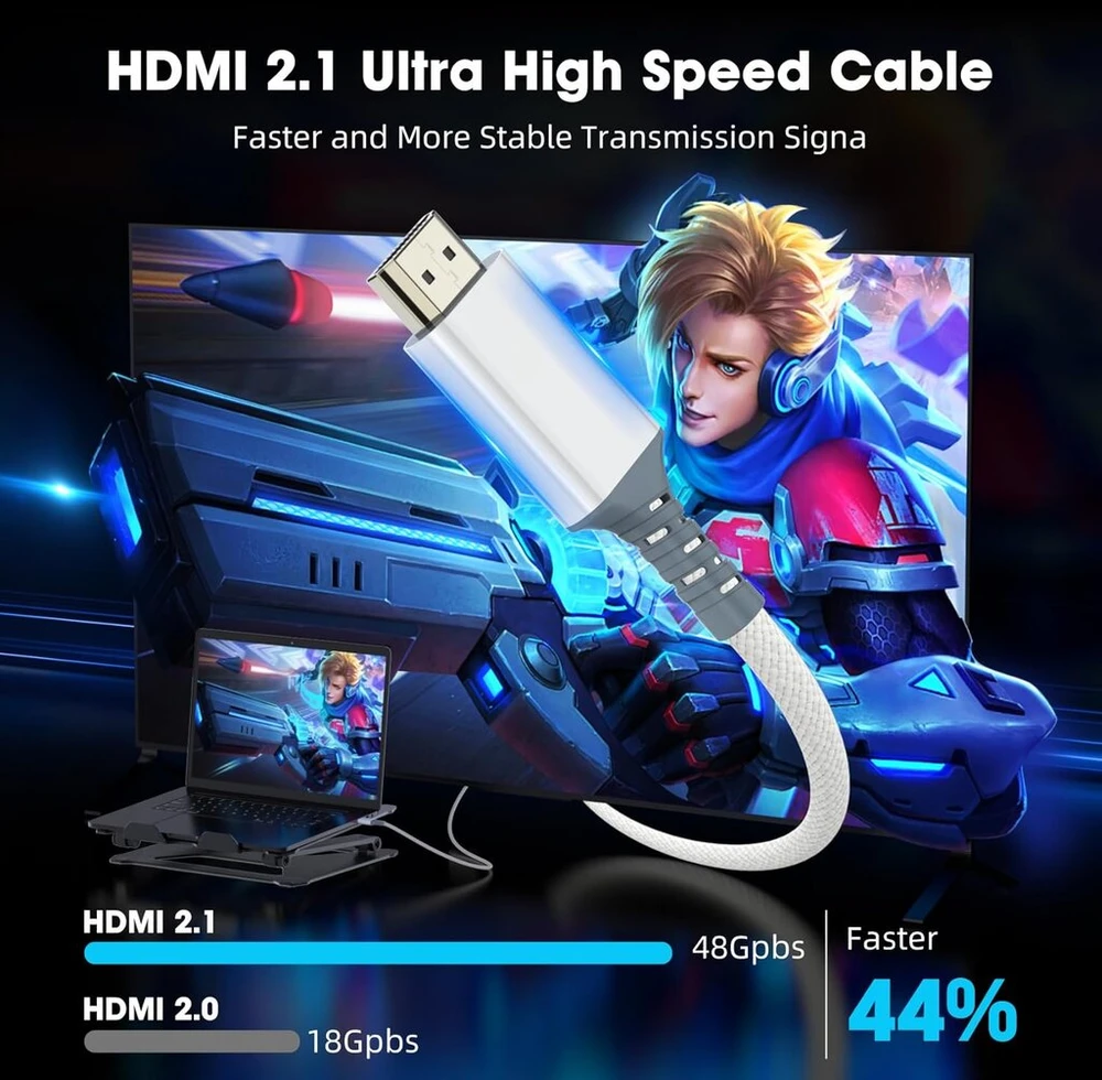 Gulemfy 8k Hdmi 2.1 kabelis 2 m, 48 Gbps itin spartus Hdmi kabelis 8k @ 60hz 4k @ 120hz/144hz/240hz Earc Hdr10+ Dolby Atmos Hdcp 2.3, suderinamas su Ps5/XBOX Series X/soundbar/lg Tv