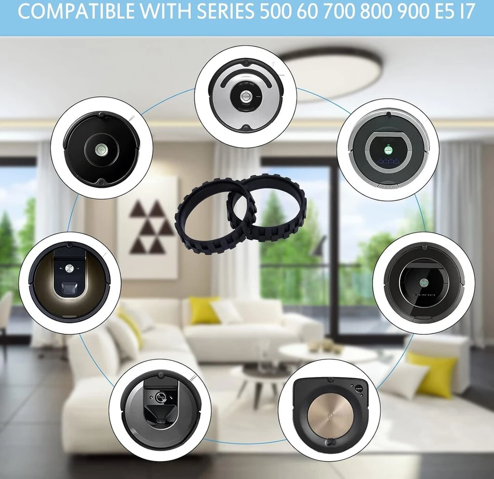 Guminiai ratų atsarginės dalys, suderinamos su Iro-bot Room-ba 500 600 700 800 900 E5 I7 I7+ S9 S9+ serijomis, centrinis ratas su neslystančiomis guminėmis padangomis ir valymo šepečiu Poweka