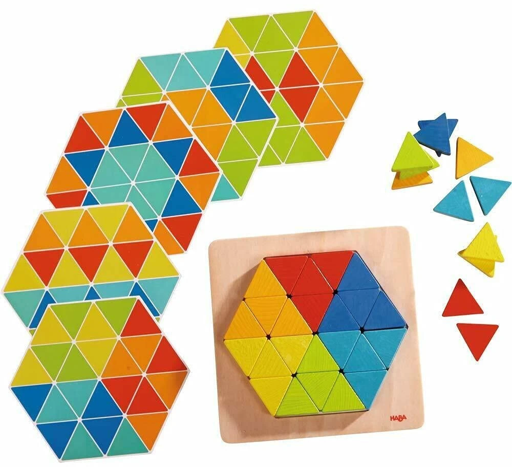 Haba 301703 – Dėlionė „magic Triangles“ su 36 trikampiais ir 6 dvipusėmis atspausdintomis šablonų lentelėmis, skatina kūrybiškumą ir smulkiąją motoriką