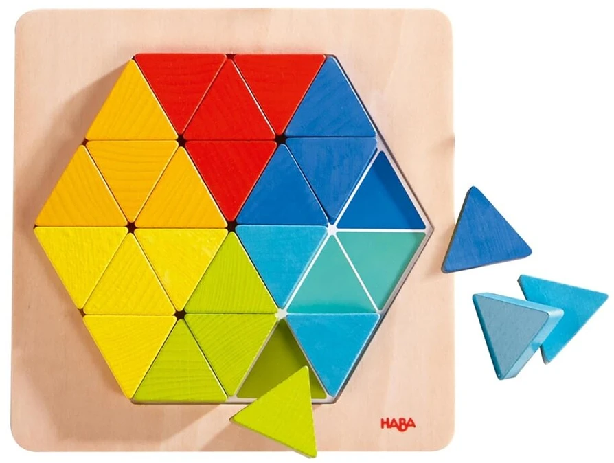 Haba 301703 – Dėlionė „magic Triangles“ su 36 trikampiais ir 6 dvipusėmis atspausdintomis šablonų lentelėmis, skatina kūrybiškumą ir smulkiąją motoriką
