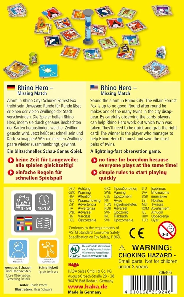 Haba 306406 - Rhino Hero - Missing Match, atminties žaidimas nuo 4 metų, pagamintas Vokietijoje
