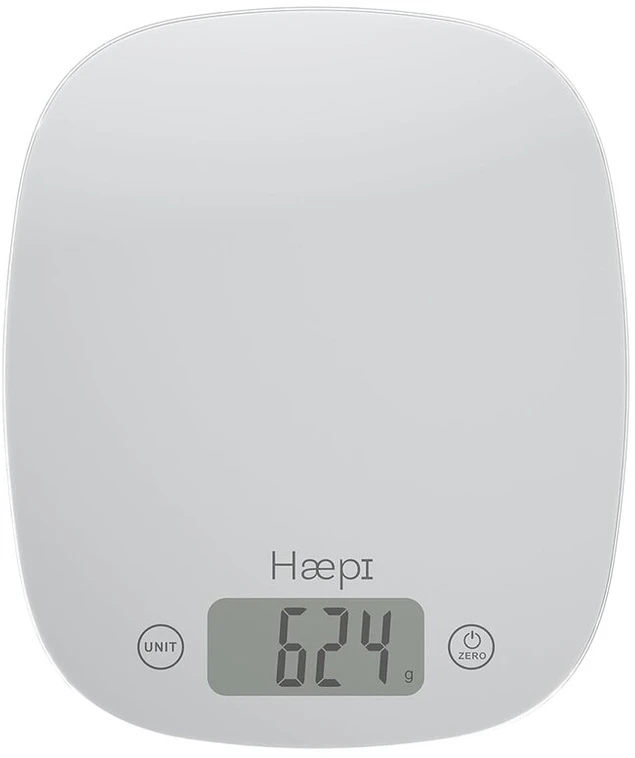 Haepi, elektroninės virtuvinės svarstyklės su dideliu tikslumu 5000g/1g, taros / skysčio funkcija, modernus dizainas, didelis lcd ekranas, baterijos įtrauktos