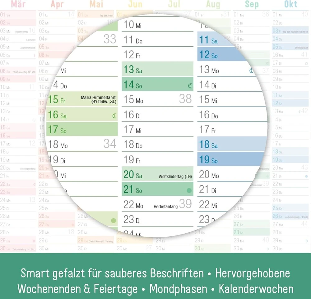 Häfft® Sieninis kalendorius 2025 A3 sulankstytas (42 x 29,7 cm) "vaivorykštė" sieninis planuotojas su švenčių apžvalga ir šventėmis + nemokamas A4 kalendorius - tvarus ir draugiškas klimatui