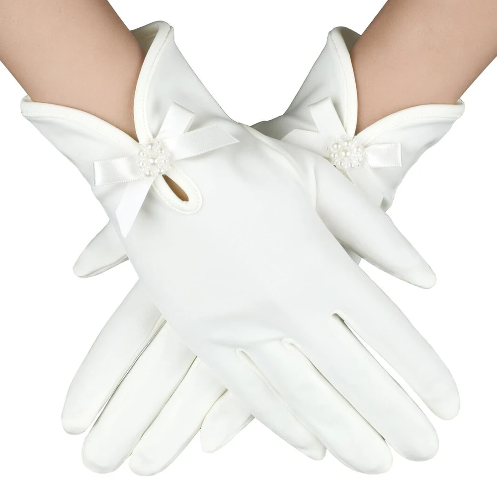 Haifafafaing nuotakos pirštinės, baltos satininės pirštinės, trumpos pirštinės, elegantiškos oficialios operos vestuvių kostiumo pirštinės moterims nuotakai, baltos, universalus dydis