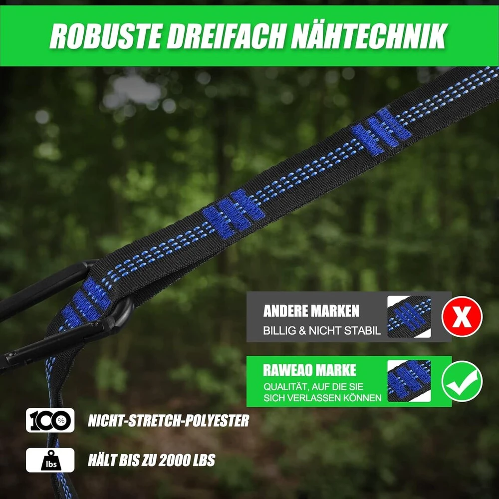 Hamako dirželiai - Kempingo hamako medžio dirželių rinkinys, 6 metrų bendro ilgio, 30+2 kilpos, 900 kg tvirti dirželiai hamako pakabinimo sistemos rinkiniui