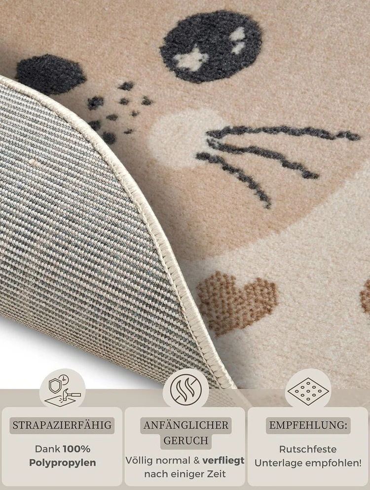Hanse Home Adventures vaikiškas apvalus kilimas – kačių ir širdelių raštas, gyvūnų širdelių rašto kilimas berniukams ir mergaitėms į vaikų kambarį, žaidimų kambarį, paauglių kambarį, svetainę – kreminės smėlio spalvos, 140 cm