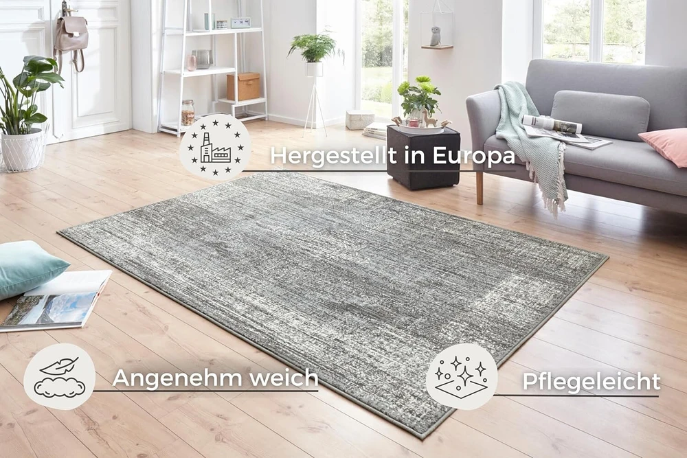 Hanse Home Elysium kilimas – sendinto stiliaus trumpo plauko modernaus vintažinio dizaino kilimai valgomajam, svetainei, vaikų kambariui, prieškambariui, miegamajam, virtuvei – pilka kreminė 80 x 150 cm